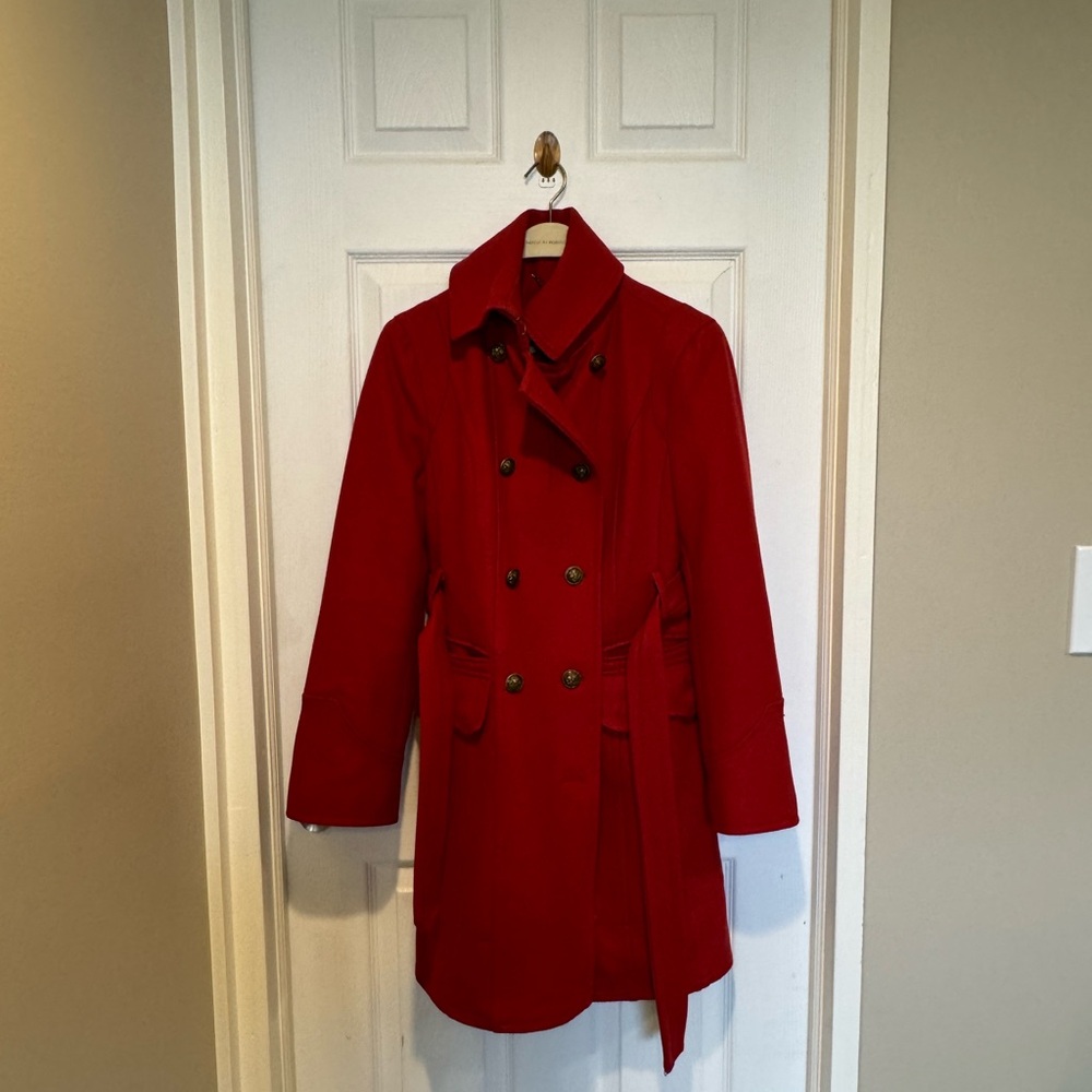 Worthington Red Double-Breasted Trench Coat with Waist Tie